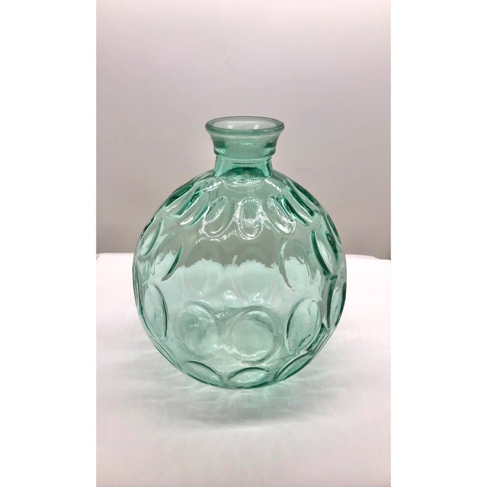 Spanish Aqua Green Recycled Glass Thumbprint Dimple Round Bulbous Bud Vase 7"